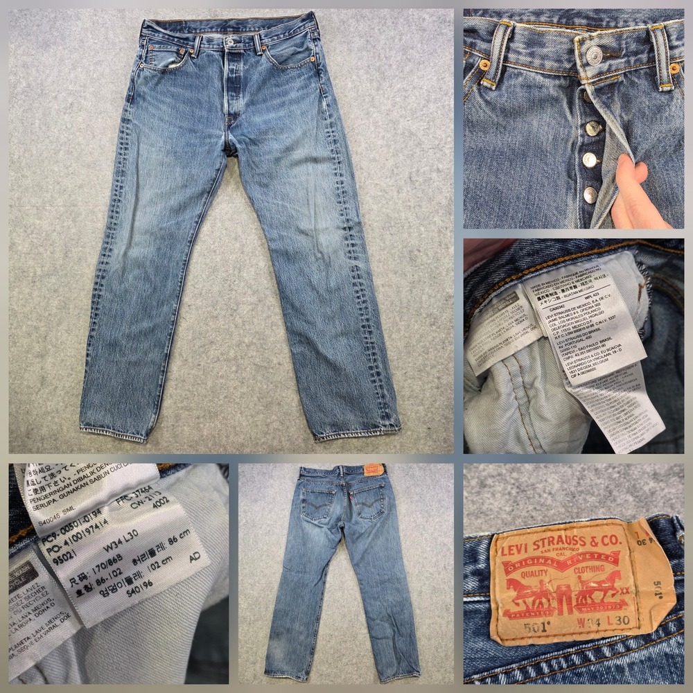 Levis 501 Jeans Mens 34x30 Blue Button Fly Straight Leg Medium Wash Denim Mexico